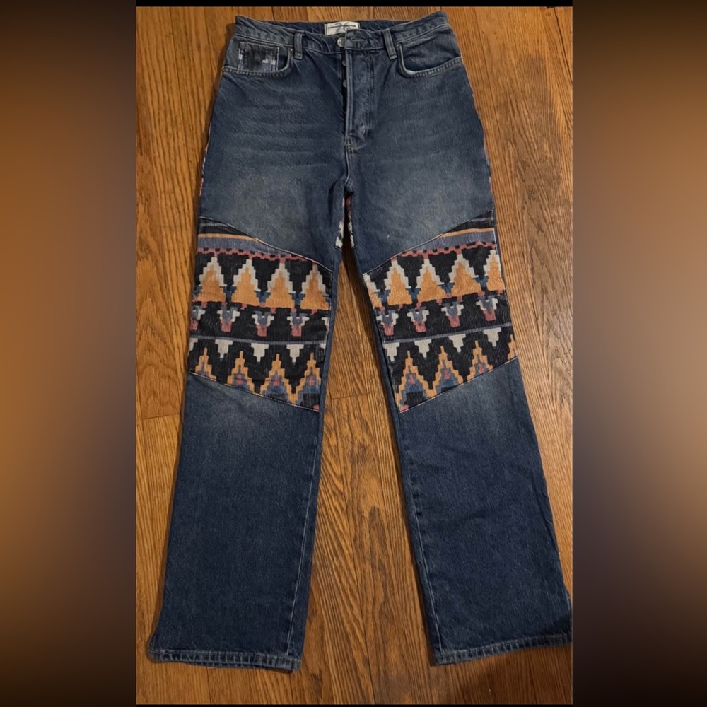 Free People Blue and Multicolor Patterned Straight Leg Jeans
